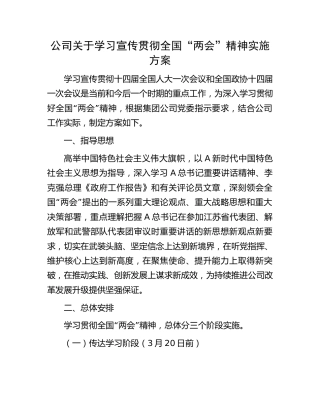 学习宣传贯彻“两会”精神实施方案（公司3000字）√