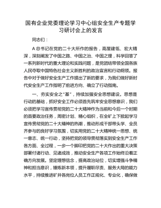 国企公司理论学习中心组安全生产专题学习研讨会上的发言