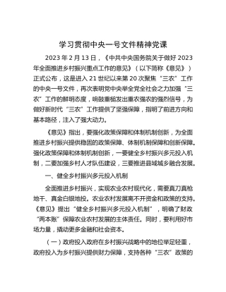 学习贯彻一号文件精神党课3600字