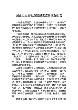 国企公司纪委关于巡视巡察整改监督情况的报告1800字（总结）