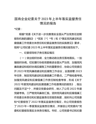 国企公司纪委2023年上半年落实监督责任情况的总结报告