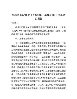 国企公司纪委2023年上半年纪检工作总结