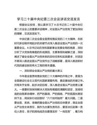 学习二十届纪委二次会议讲话交流发言