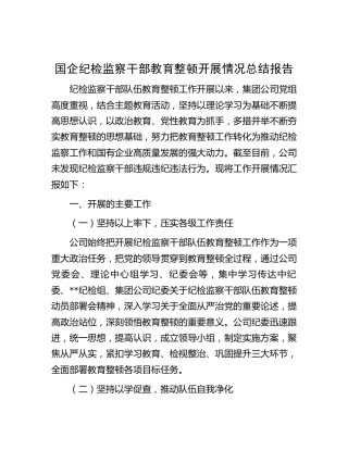 国企公司纪检监察干部教育整顿开展情况总结报告2000字