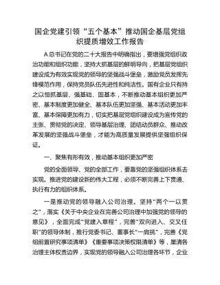 国企公司党建引领“五个基本”推动基层党组织提质增效工作报告