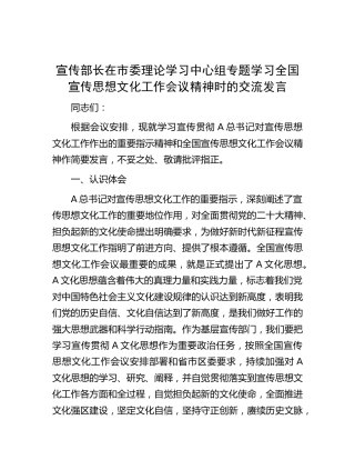 宣传部长在中心组专题学习全国宣传思想文化工作会议精神时的交流发言