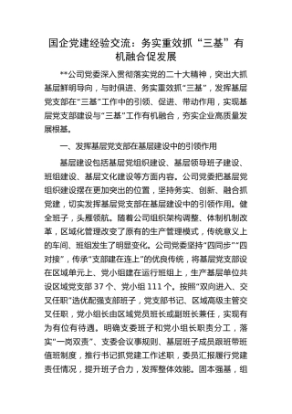 国企公司党建经验交流：务实重效抓“三基” 有机融合促发展