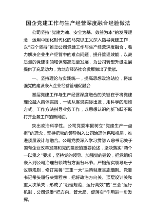 国企公司党建工作与生产经营深度融合经验做法总结