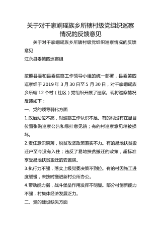 关于对千家峒瑶族乡所辖村级织巡察情况的反馈意见