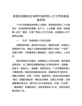 国企公司创新自主培养打造特色人才工作机制经验总结