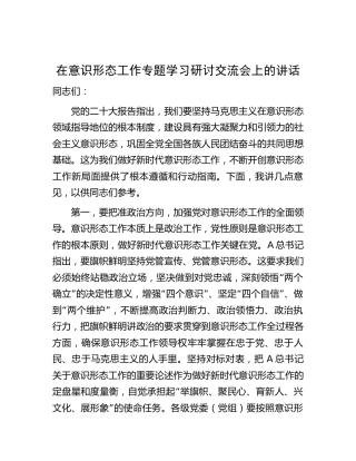 在意识形态工作专题学习研讨交流会上的讲话