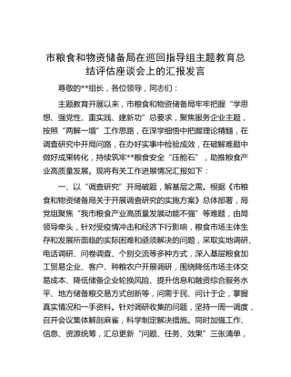 在巡回指导组主题教育总结评估座谈会上的汇报发言1900字（市粮食和物资储备局）
