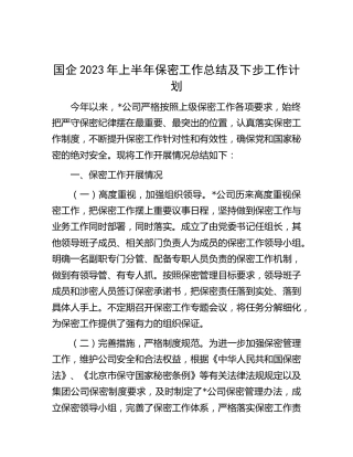 国企公司2023年上半年保密工作总结及下步工作计划
