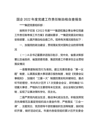 国企公司2022年度党建工作责任制自检自查总结报告