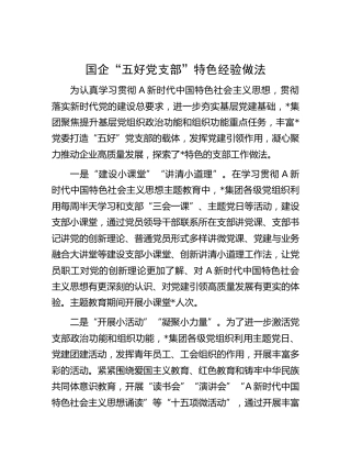 国企公司“五好党支部”特色经验做法总结