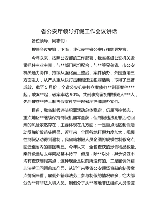 省公安厅领导打假工作会议讲话