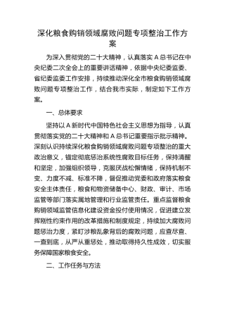 深化粮食购销领域腐败问题专项整治工作方案