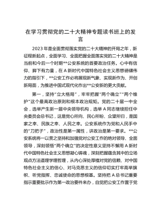 在学习贯彻二十大精神专题读书班上的研讨发言（公安3000字）