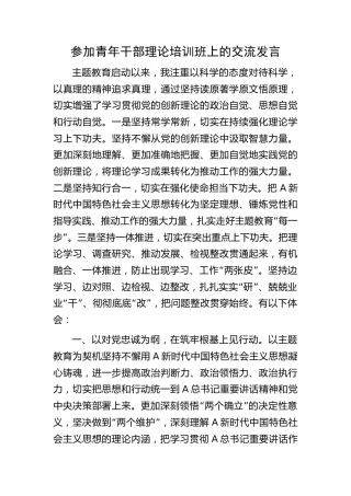 参加青年干部主题教育理论培训班上的交流研讨发言