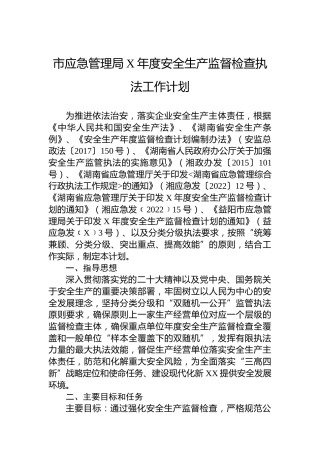 市应急管理局安全生产监督检查执法工作计划