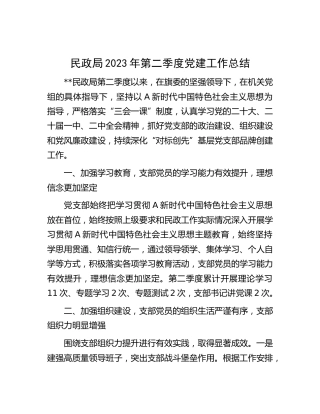 民政系统2023年第二季度党建工作总结汇报