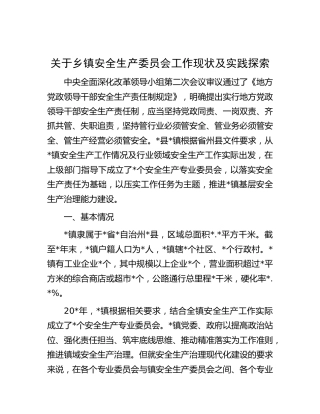 关于乡镇安全生产委员会工作现状及实践探索（调研报告参考）