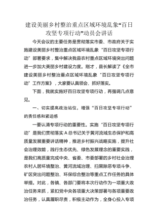建设美丽乡村整治重点区域环境乱象“百日攻坚专项行动”动员会讲话