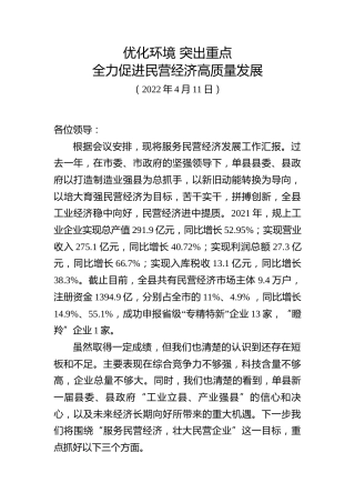 服务民营经济发展工作总结汇报发言