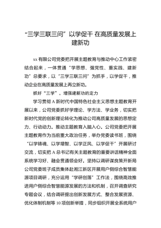 公司主题教育经验：“三学三联三问”以学促干 在高质量发展上建新功