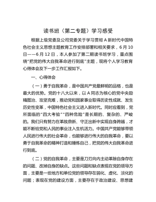 公司主题教育读书班（第二专题“把党的伟大自我革命进行到底”）学习心得体会