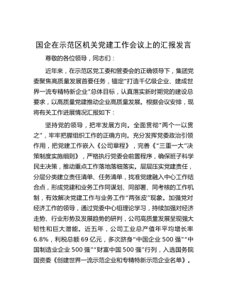 国企在示范区机关党建工作会议上的汇报发言（公司）