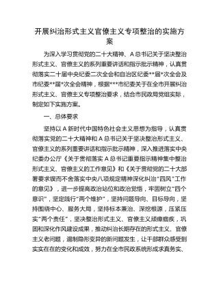 开展纠治形式主义官僚主义专项整治实施方案（民政）