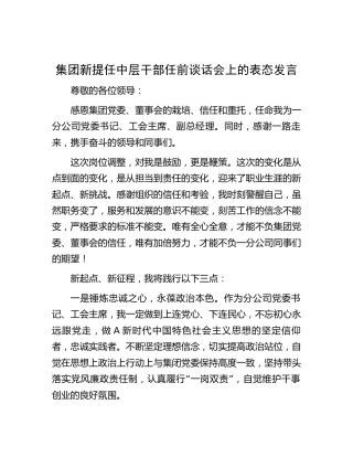 公司新提任中层干部任前谈话会上的表态发言