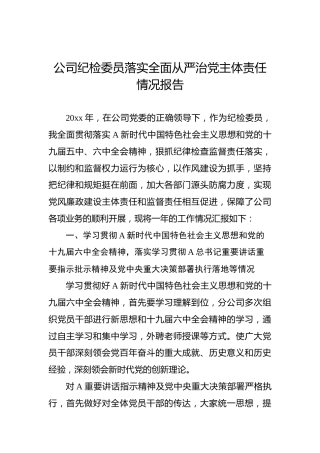 公司纪检委员落实全面从严治党主体责任情况报告2400字