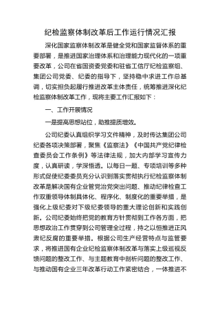 公司纪检监察体制改革后工作运行情况总结汇报