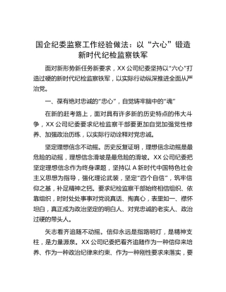 国企纪委监察工作经验做法：以“六心”锻造新时代纪检监察铁军（公司）