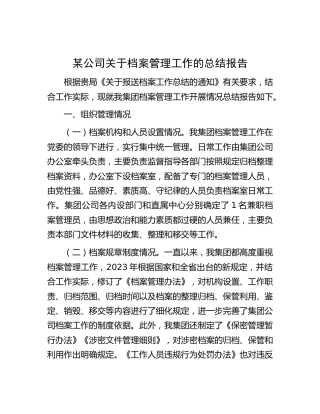 公司档案管理工作总结报告