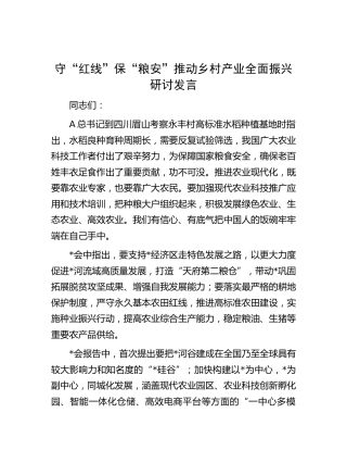 守“红线”保“粮安”推动乡村产业全面振兴研讨发言