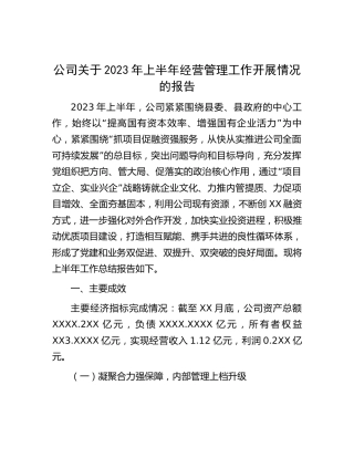 公司2023年上半年经营管理工作开展情况总结报告
