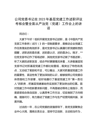 公司2023年基层党建工作述职评议考核会暨全面从严治党（党建）工作会上的讲话
