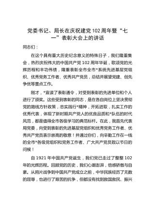 在庆祝建党102周年暨“七一”表彰大会上的讲话1