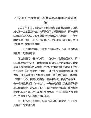 在培训班上的发言：在基层历练中擦亮青春底色（村挂职）