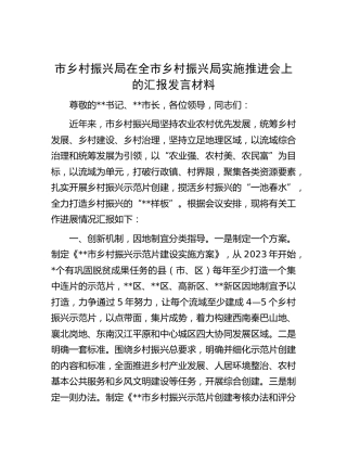 市乡村振兴局在全市乡村振兴局实施推进会上的汇报发言