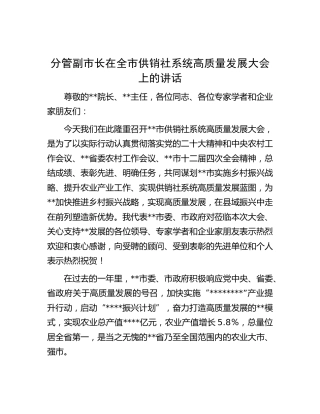 分管副市长在全市供销社系统高质量发展大会上的讲话