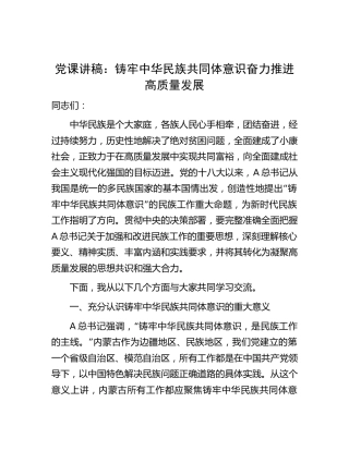 党课：铸牢中华民族共同体意识 奋力推进高质量发展