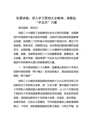 党课：深入学习贯彻二十大精神，凝聚起“半边天”力量（妇女）