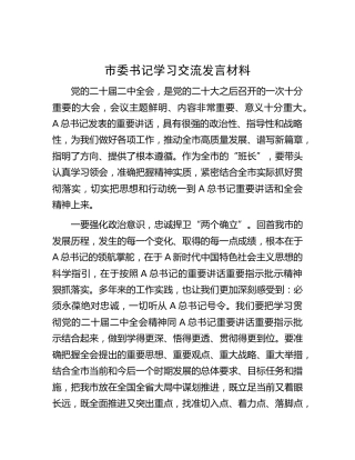 市委书记学习交流发言材料 (二中全会)