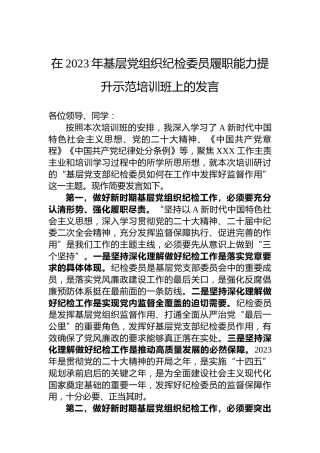 在基层党组织纪检委员履职能力提升示范培训班上的发言