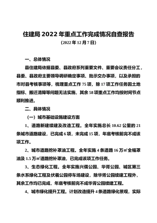 住建局2022年重点工作完成情况自查报告