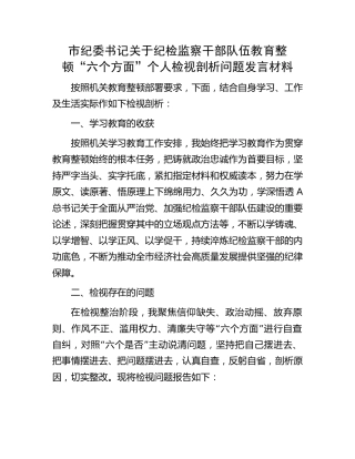 市纪委书记纪检监察干部队伍教育整顿“六个方面”个人检视剖析问题发言